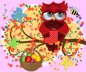 A red flirtatious owl in glasses sits on a branch and knits a red and white sock for Christmas, Basket with colorful balls hangs on a branch