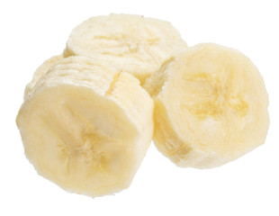 Peeled banana slices on the white background.
