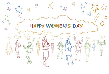 Happy Womens Day Greeting Banner Group Of Girls Silhouette Doodle Colorful Holiday Poster Vector Illustration