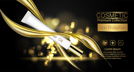 A realistic template cosmetic package. 3d splash of liquid oil. Splashing argan oil, hair protection cosmetics product pack design.