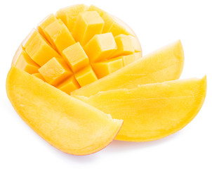 Mango cubes and slices. Isolated on a white background.