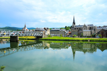 Panoramic view over the river Meuse and Fumay in Ardennes, France