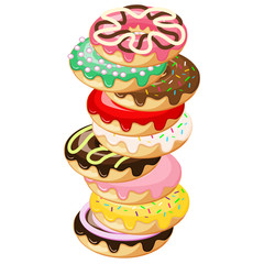 Stack of Donuts. Donut with mint green frosting and pink strawberry ball sprinkles, dark chocolate melting frosting, pink strawberry frosting. Donut isolated on white background. Vector illustration.