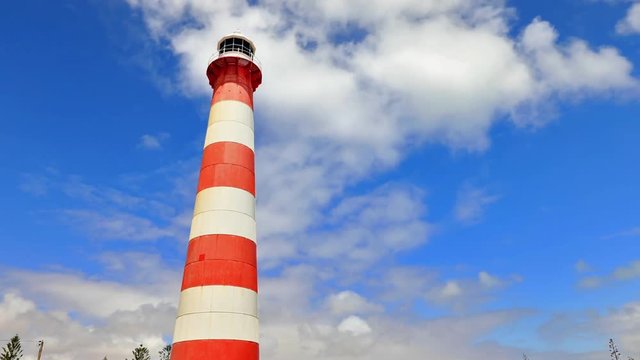 Time lapse of Iconic Moore Lighthouse Point in Geraldton, Western Australia. historic steel tower is built in 1878. Famous place in Geraldton, the lighthouse is not public open. Blue sky, copy space.