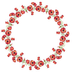 watercolor illustration, a wreath circle of red poppies, a bouquet of flowers, buds and leaves