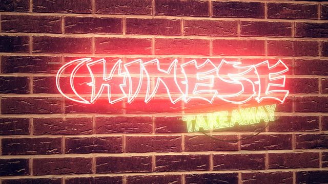Chinese Takeaway neon sign mounted on brick wall, conceptual 3d render animation