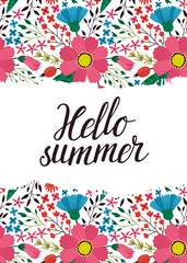 Vector floral background with cosmos flowers, cornflower, branches, leaves and hand written text "Hello summer". Vintage summer backdrop with floral elements. Template of summer party Invitation.
