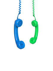 Blue and green phones hanging from a cable