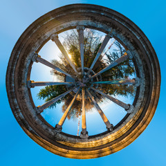 Spheric panorama of the rotunda of the abandoned restaurant on the top of Mount Akhun in sunny...