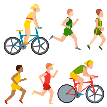 Racing vector bike people cyclist in action fast road biker man flat side front view illustration of cycling. Athlete sport competition motion summer running rider character. Fitness pedal transport