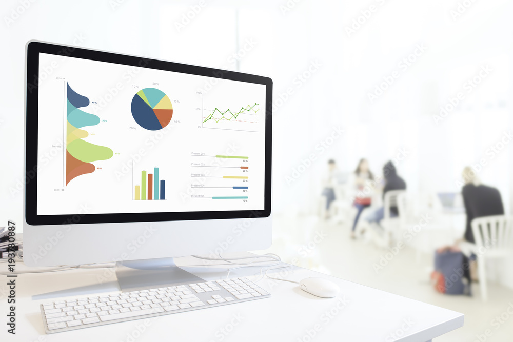 Poster Modern computer with keyboard and mouse on white table showing charts and graph on screen against blurred people sitting in cafe background , Analysis Business, Statistics Concept.