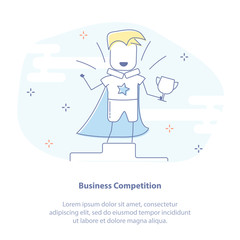 Flat line icon concept in trendy flat linear style of business competition winner. Man standing on the podium with a cup on the first place - super hero. Isolated Vector Illustration.