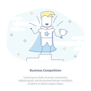 Flat line icon concept in trendy flat linear style of business competition winner. Man standing on the podium with a cup on the first place - super hero. Isolated Vector Illustration.