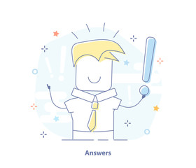 Flat light line icon concept: businessman get idea in think, he holds an exclamation point. Vector illustration