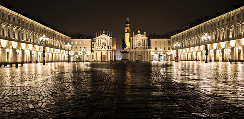 San Carlo square night scene, Torino, Italy - obrazy, fototapety, plakaty
