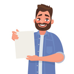 Man shows a sheet with the contract. Vector illustration