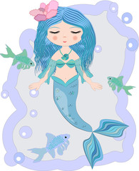 Obraz na płótnie Canvas Cartoon beautiful little mermaid in a wreath. Siren. Sea theme. vector illustration on a white background.