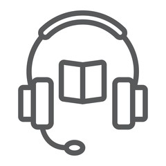 Book with headphones line icon, e learning and education, audio guide sign vector graphics, a linear pattern on a white background, eps 10.