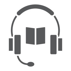 Book with headphones glyph icon, e learning and education, audio guide sign vector graphics, a solid pattern on a white background, eps 10.