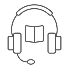 Book with headphones thin line icon, e learning and education, audio guide sign vector graphics, a linear pattern on a white background, eps 10.
