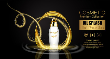 A realistic template cosmetic package. 3d splash of liquid oil. Splashing argan oil, hair protection cosmetics product pack design.