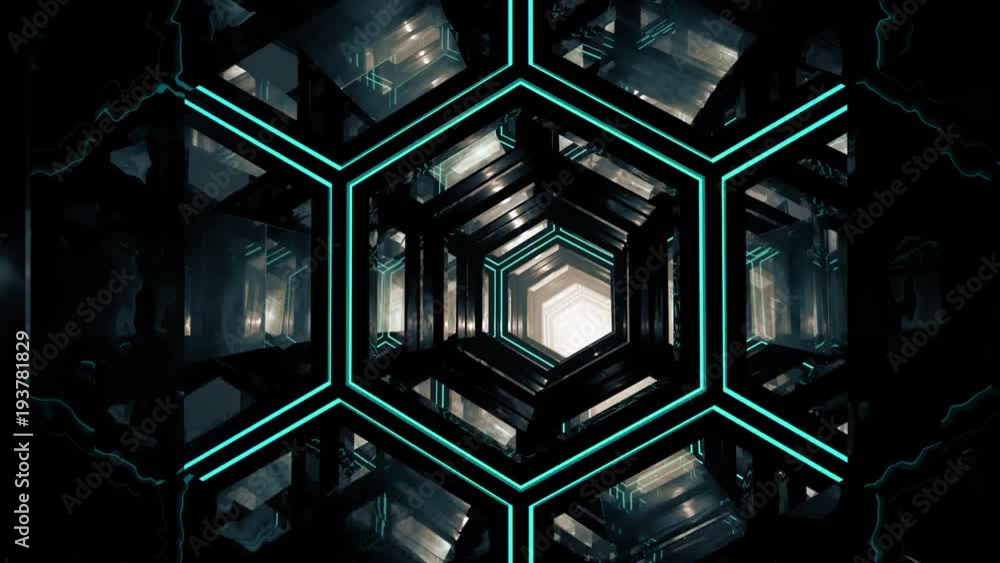 Poster abstract hexagon dark tunne techno space tunnel endlessly looped animation. 3d glass and craft tunne