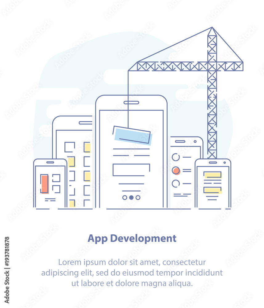 Poster app or web development flat line vector illustration concept. placement of content blocks, prototypi