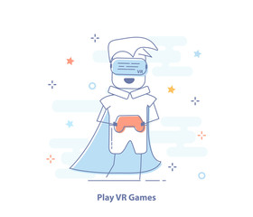 The VR headset design, Man wearing virtual reality goggles watching movies or playing video games. Flat line vector concept.
