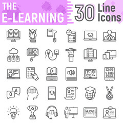 E Learning line icon set, Online education symbols collection, vector sketches, logo illustrations, internet tutorial signs linear pictograms package isolated on white background, eps 10.