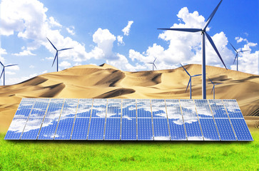 New energy, solar power and windmills use the power of the desert to generate electricity