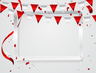 Obraz premium Celebration background frame template with confetti and red ribbons. Vector illustration