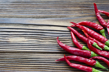 group of chili peppers on brown wooden background