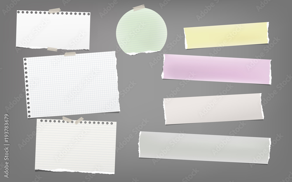 Poster torn colorful and white note, notebook paper strips, sheets for text stuck with adhesive tape on dar
