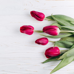 Boardwalk tulips on a blue wooden background, copy space and flat lay. Mother's Day concept.
