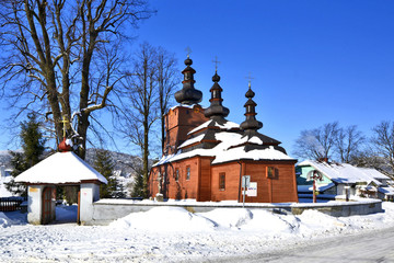 Orthodox wooden church in winter time, Wysowa Zdroj, Beskid Niski, Poland