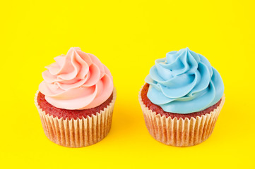 Cupcake red velvet with blue and pink whipped cream on yellow background. Picture for a menu or a confectionery catalog. Top view.
