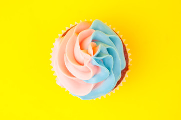 Cupcake red velvet with blue and pink whipped cream on yellow background. Picture for a menu or a confectionery catalog. Top view.