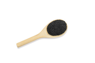 Organic Black sesame seed on wooden spoon isolated on white background,top view