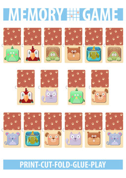Memory card game with cartoon animals. Different domestic pets. Print, cut, fold, glue, play. A4 vertical page proportions. © Zinako