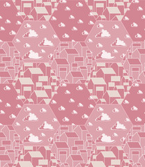 Seamless vector pattern with simple gabled houses and clouds in hexahedrons. Red, pink color.