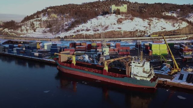 Aerial shot of a ship in a port in Oslo, Norway in winter