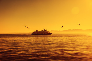Silhouette of a ferry boat at sunset and seagulls fly around. Beautiful atmospheric bright landscape