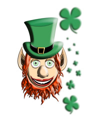 St Patrick's Day. Leprechaun With Green Hat and Four Leaf Clover Isolated On White Background 3D illustration