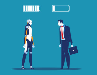 Technology vs human. Businessman with battery sign. Concept business vector illustration.