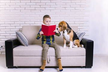 funny boy reading a book with a dog on the couch