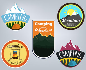 Vector illustration. Colorful set of camping emblems with mountains, trees, campfire with tent and sky