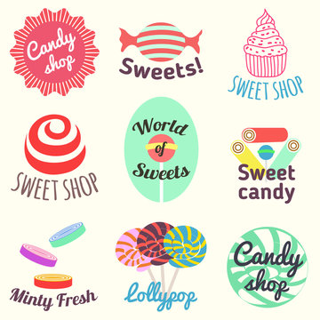Vector set of emblems and labels for candy and sweets shops and stores