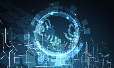 Abstract technology futuristic circuit board,world and hexagon concept future world Hi-tech digital modern on dark blue background.Vector Illustration design