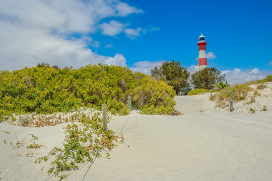 Scenic red and white Moore Lighthouse Point on blue sky in Geraldton, Western Australia, from pristine beach with dunes The historic steel tower is built in 1878. Iconic landscape in Geraldton.