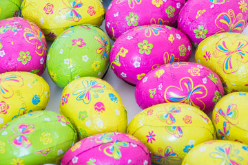 Colorful easter eggs and easter bunny chocolate april 